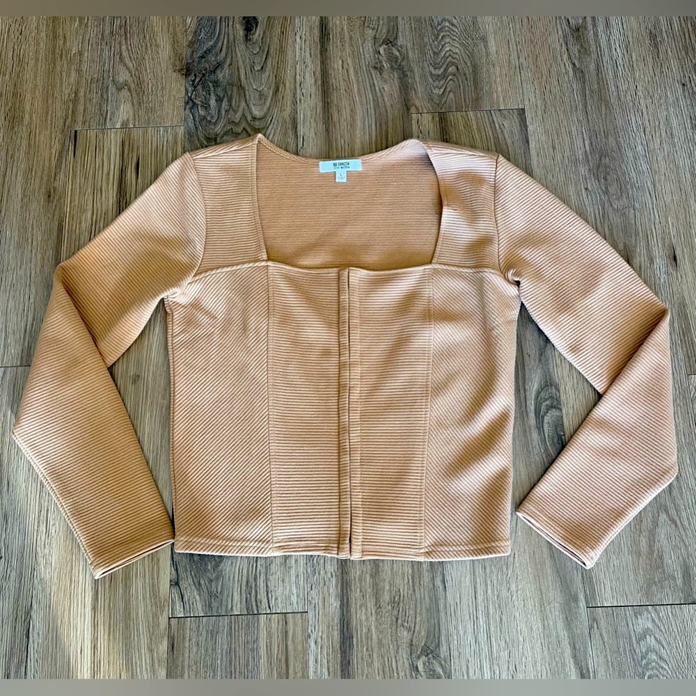 BB Dakota Square Neck Camel Sweater. Hook and eye front closure.